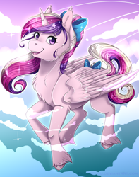 Size: 3232x4093 | Tagged: safe, artist:pillonchou, character:princess cadance, species:alicorn, species:pony, bow, cute, cutedance, female, hair bow, hair ribbon, looking at you, mare, smiling, solo, tail bow, teen princess cadance, unshorn fetlocks