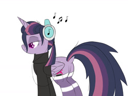 Size: 1440x1080 | Tagged: safe, artist:ideltavelocity, character:mean twilight sparkle, species:alicorn, species:pony, episode:the mean 6, g4, my little pony: friendship is magic, alternate hairstyle, clone, clothing, dock, female, headphones, music notes, plot, simple background, socks, solo, sweater