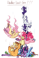 Size: 1000x1481 | Tagged: safe, artist:eqq_scremble, derpibooru original, character:applejack, character:fluttershy, character:pinkie pie, character:rainbow dash, character:rarity, character:spike, character:twilight sparkle, character:twilight sparkle (alicorn), species:alicorn, species:dragon, species:earth pony, species:pegasus, species:pony, species:unicorn, eqqverse, alternate design, applejack's hat, clothing, colored hooves, cowboy hat, falling, hat, mane six, next generation, ouch, pony pile, tongue out, winged spike
