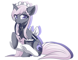 Size: 2000x1536 | Tagged: safe, artist:kxttponies, oc, oc only, oc:lilia, species:pony, species:unicorn, bow, clothing, collar, colored pupils, cute, ear fluff, female, frilly socks, headdress, leash, looking at you, maid, mare, mouth hold, pet play, raised hoof, simple background, sitting, smiling, socks, solo, transparent background, underhoof