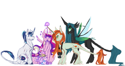 Size: 1879x1000 | Tagged: safe, artist:eqq_scremble, derpibooru original, character:crackle cosette, character:princess cadance, character:princess flurry heart, character:queen chrysalis, character:shining armor, species:alicorn, species:changeling, species:pony, species:unicorn, eqqverse, episode:the mean 6, g4, my little pony: friendship is magic, alternate design, baby, camera, changeling queen, diaper, disguise, disguised changeling, family, female, foal, headcanon, heart eyes, heart tail, leonine tail, magic, male, mare, next generation, polyamory, ponytail, scar, stallion, whammy, wingding eyes