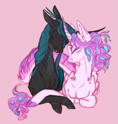 Size: 869x914 | Tagged: safe, artist:eqq_scremble, derpibooru original, character:princess flurry heart, character:queen chrysalis, species:alicorn, species:changeling, species:classical unicorn, species:pony, species:unicorn, eqqverse, adopted offspring, alternate design, blush lines, changeling queen, cloven hooves, cuddling, daughter, female, headcanon, leonine tail, mare, mommy chrissy, mother, mother and daughter, next generation, nuzzling, older, older flurry heart, simple background, smiling, unshorn fetlocks