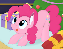Size: 4250x3300 | Tagged: safe, artist:arcane-thunder, character:pinkie pie, species:earth pony, species:pony, episode:the great escape room, behaving like a cat, christmas, crouching, cute, diapinkes, ear fluff, female, hearth's warming, holiday, mare, present, scene interpretation, solo, tongue out