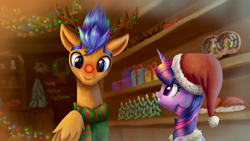 Size: 4096x2304 | Tagged: safe, artist:nightpaint12, character:flash sentry, character:twilight sparkle, character:twilight sparkle (alicorn), species:alicorn, species:pegasus, species:pony, ship:flashlight, antlers, box, christmas, christmas lights, christmas tree, clothing, cute, female, hat, hearth, holiday, male, mare, present, red nose, red nosed reindeer, santa hat, shipping, smiling, snow, snow globe, snowman, stallion, straight, sweater, tree, twiabetes