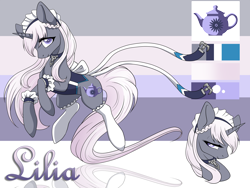Size: 4000x3000 | Tagged: safe, artist:kxttponies, oc, oc:lilia, species:pony, species:unicorn, clothing, collar, corset, female, mare, reference sheet, socks, solo