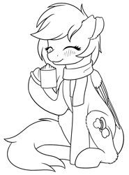 Size: 1108x1500 | Tagged: safe, artist:mynder, oc, oc only, oc:lunacy, species:pegasus, species:pony, black and white, blushing, chocolate, clothing, ergonomics, fluffy, food, grayscale, hot chocolate, monochrome, scarf, sketch, solo