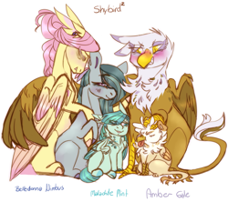 Size: 1551x1375 | Tagged: safe, artist:eqq_scremble, derpibooru original, character:fluttershy, character:gilda, character:marble pie, oc, oc:amber gale, oc:malachite mint, parent:fluttershy, parent:gilda, parent:marble pie, parents:marbleshy, species:earth pony, species:griffon, species:pegasus, species:pony, eqqverse, ship:gildashy, alternate design, ear piercing, eared griffon, earring, family, feather, female, griffon hybrid, hair bun, hug, hybrid, hybrid offspring, interspecies offspring, jewelry, lesbian, magical lesbian spawn, male, marbilda, marbildashy, marbleshy, mare, mother and child, next generation, offspring, ot3, parents:marbilda, piercing, polyamory, pony hybrid, pregnant, shipping, simple background, smiling, tired, winghug