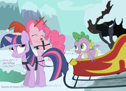 Size: 900x652 | Tagged: safe, artist:diegotan, character:pinkie pie, character:spike, character:twilight sparkle, antlers, christmas lights, clothing, dialogue, eyes closed, hat, red nose, santa hat, sleigh, snow, trio