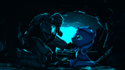 Size: 3840x2160 | Tagged: safe, artist:apexpredator923, character:princess luna, species:human, species:pony, 3d, armor, cave, crossover, cute, energy weapon, fallout, fallout 4, female, filly, laser rifle, power armor, t45, weapon, woona, younger