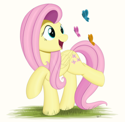 Size: 4000x3900 | Tagged: safe, artist:arcane-thunder, character:fluttershy, species:pegasus, species:pony, butterfly, cute, female, grass, mare, open mouth, shyabetes, simple background, solo, white background