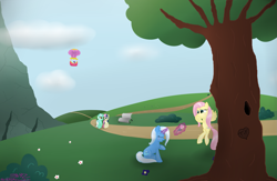 Size: 2295x1500 | Tagged: safe, artist:mikoruthehedgehog, character:bon bon, character:fluttershy, character:lyra heartstrings, character:sweetie drops, character:trixie, character:twilight sparkle, ship:trixieshy, blushing, female, flower, lesbian, shipping