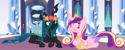 Size: 1660x662 | Tagged: safe, artist:sollace, artist:venomous-cookietwt, character:princess cadance, character:queen chrysalis, species:alicorn, species:changeling, species:pony, ship:cadalis, blushing, changeling queen, crown, cute, cutealis, eyes closed, female, floral head wreath, flower, hoof shoes, infidelity, interspecies, jewelry, lesbian, lying down, mare, regalia, shipping, smiling