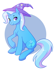 Size: 1280x1656 | Tagged: safe, artist:zaphy1415926, character:trixie, species:pony, species:unicorn, abstract background, clothing, colored pupils, cute, diatrixes, ear fluff, female, hat, looking at you, mare, sitting, smiling, solo, trixie's hat
