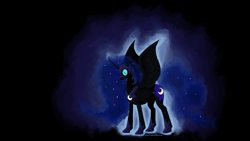 Size: 1920x1080 | Tagged: safe, artist:zaphy1415926, character:nightmare moon, character:princess luna, species:alicorn, species:pony, black background, cutie mark, ethereal mane, female, galaxy mane, glowing eyes, helmet, jewelry, mare, regalia, simple background, solo, spread wings, wallpaper, wings
