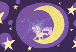 Size: 1274x868 | Tagged: safe, artist:zaphy1415926, character:sweetie belle, species:pony, species:unicorn, abstract background, crescent moon, eyes closed, female, filly, hush now quiet now, moon, on the moon, open mouth, singing, solo, sparkles, transparent moon