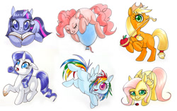 Size: 1024x643 | Tagged: safe, artist:zaphy1415926, character:applejack, character:fluttershy, character:pinkie pie, character:rainbow dash, character:rarity, character:twilight sparkle, species:earth pony, species:pegasus, species:pony, species:unicorn, apple, balloon, book, cute, dirty, eyes closed, female, filly, floating, floppy ears, freckles, ladybug, lasso, mane six, muddy hooves, obligatory apple, rope, simple background, then watch her balloons lift her up to the sky, white background