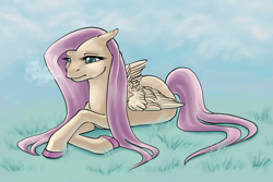 Size: 1800x1200 | Tagged: safe, artist:zaphy1415926, character:fluttershy, species:pegasus, species:pony, cold, female, floppy ears, grass, lidded eyes, mare, melancholy, prone, solo