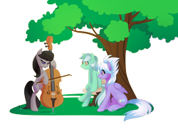 Size: 1280x931 | Tagged: safe, artist:zaphy1415926, character:cloudchaser, character:lyra heartstrings, character:octavia melody, species:earth pony, species:pegasus, species:pony, species:unicorn, cello, commission, cutie mark, eyes closed, female, mare, musical instrument, performance, seat, simple background, sitting, smiling, solo, transparent background, tree