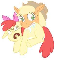 Size: 1280x1362 | Tagged: safe, artist:zaphy1415926, character:apple bloom, character:applejack, species:earth pony, species:pony, angry, apple, blank flank, cannibalism, derp, duo, female, filly, mare, mouth hold, not salmon, open mouth, ponies eating ponies, salivating, silly, silly pony, simple background, teeth, that pony sure does love apples, wat, who's a silly pony, wtf