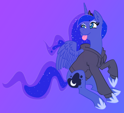 Size: 1280x1160 | Tagged: safe, artist:zaphy1415926, character:princess luna, species:alicorn, species:pony, clothing, cutie mark, ethereal mane, female, galaxy mane, gift art, gradient background, hoodie, jewelry, mare, missing accessory, raised hoof, regalia, silly, silly pony, simple background, sitting, smiling, solo, spread wings, tongue out, wings