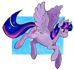 Size: 1280x1205 | Tagged: safe, artist:thiefofcookies, artist:zaphy1415926, character:twilight sparkle, character:twilight sparkle (alicorn), species:alicorn, species:pony, cutie mark, female, flying, mare, sidemouth, simple background, smiling, solo, spread wings, white background, wings