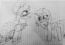 Size: 1024x710 | Tagged: safe, artist:fluffyrainbowkitty, character:big mcintosh, character:rarity, species:pony, ship:rarimac, crossdressing, female, lined paper, male, monochrome, orchard blossom, shipping, sketch, straight, traditional art