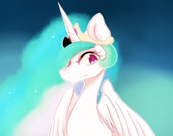 Size: 1140x897 | Tagged: safe, artist:koto, character:princess celestia, species:alicorn, species:pony, crown, eye covered by hair, female, hair over one eye, jewelry, mare, missing accessory, pixiv, regalia, smiling, solo