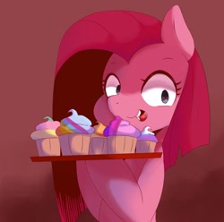 Size: 1359x1348 | Tagged: safe, artist:koto, character:pinkamena diane pie, character:pinkie pie, species:earth pony, species:pony, fanfic:cupcakes, cupcake, female, food, implied applejack, implied fluttershy, implied murder, implied rainbow dash, implied rarity, implied twilight sparkle, looking at you, mare, pixiv, rainbow cupcake, smiling, solo