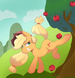 Size: 1973x2048 | Tagged: safe, artist:koto, character:applejack, species:earth pony, species:pony, apple, apple tree, applebucking, applejack mid tree-buck facing the left with 3 apples falling down, applejack mid tree-buck with 3 apples falling down, applejack's hat, bucking, clothing, cowboy hat, falling, female, food, hat, mare, pixiv, smiling, solo, tree