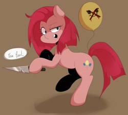 Size: 1856x1671 | Tagged: safe, artist:koto, character:pinkamena diane pie, character:pinkie pie, species:earth pony, species:pony, fanfic:cupcakes, balloon, dialogue, female, knife, looking at you, mare, pixiv, simple background, solo