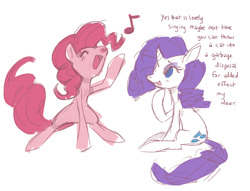 Size: 1280x978 | Tagged: safe, artist:purplekecleon, character:pinkie pie, character:rarity, duo, music notes, singing, sketch