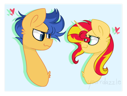 Size: 1280x975 | Tagged: safe, artist:yourrdazzle, character:flash sentry, character:sunset shimmer, ship:flashimmer, my little pony:equestria girls, abstract background, bust, chest fluff, cute, female, heart, looking at each other, male, portrait, shipping, straight
