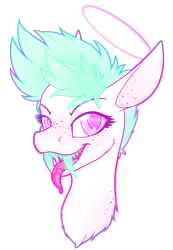 Size: 1456x2105 | Tagged: safe, artist:mynder, oc, oc only, oc:passel, species:pony, bust, cheek fluff, eyebrows, eyelashes, fangs, freckles, halo, lidded eyes, long tongue, looking at you, open mouth, portrait, simple background, smiling, solo, tongue out, transparent background