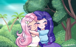 Size: 1199x738 | Tagged: safe, artist:melliedraws, character:fluttershy, character:rarity, species:human, episode:fake it 'til you make it, breasts, busty fluttershy, busty rarity, cute, duo, hug, humanized, raribetes, scene interpretation, shyabetes