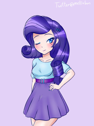 Size: 900x1200 | Tagged: safe, artist:melliedraws, character:rarity, species:human, my little pony:equestria girls, belt, clothing, eyeshadow, female, hands on waist, humanized, makeup, nail polish, one eye closed, skirt, solo, wink