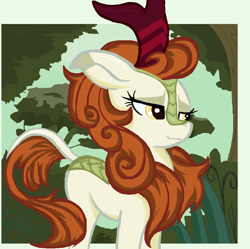 Size: 874x871 | Tagged: safe, artist:sallycars, character:autumn blaze, species:kirin, episode:sounds of silence, g4, my little pony: friendship is magic, female, forest, lidded eyes, ms paint, solo