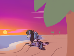 Size: 1600x1200 | Tagged: safe, artist:provolonepone, character:dj pon-3, character:octavia melody, character:vinyl scratch, species:pony, ship:scratchtavia, beach, female, lesbian, mare, ocean, palm tree, shipping, sun, sunset, tree