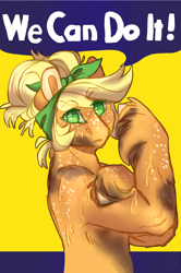 Size: 634x952 | Tagged: safe, artist:eqq_scremble, derpibooru original, character:applejack, species:earth pony, species:pony, eqqverse, alternate hairstyle, bandana, buff, bust, dirty, female, freckles, hair bun, headcanon, headcanon in the description, hilarious in hindsight, mare, muscles, older, poster, rosie the riveter, solo, sweat, unshorn fetlocks, writing