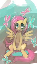 Size: 740x1280 | Tagged: dead source, safe, artist:purplekcleon, artist:purplekecleon, character:fluttershy, species:pegasus, species:pony, abstract background, butterfly, female, mare, smiling, solo
