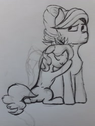 Size: 3096x4128 | Tagged: safe, artist:shehaveboththings, character:diamond tiara, character:spoiled rich, species:pony, daughter, female, hug, monochrome, mother and daughter