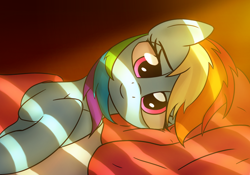 Size: 4066x2854 | Tagged: safe, artist:irisarco, character:rainbow dash, species:pegasus, species:pony, bed, bedroom, cute, dashabetes, female, lidded eyes, looking at you, mare, morning, morning ponies, smiling, solo
