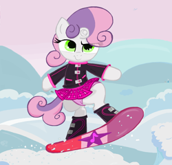 Size: 1766x1692 | Tagged: safe, artist:sallycars, edit, editor:liggliluff, character:sweetie belle, species:pony, accidental exposure, bipedal, boots, clothing, female, jacket, midair, miniskirt, ms paint, panties, pink underwear, plaid skirt, pleated skirt, shoes, skirt, skirt flip, skirt lift, smiling, snow, snowboard, snowboarding, solo, underwear, upskirt