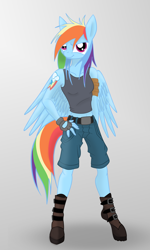 Size: 3000x5000 | Tagged: safe, artist:romus91, character:rainbow dash, species:anthro, alternative cutie mark placement, boots, clothing, fingerless gloves, gloves, shoulder cutie mark, tank top