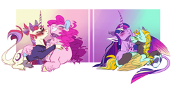 Size: 2000x991 | Tagged: safe, artist:eqq_scremble, character:lightning dust, character:moondancer, character:pinkie pie, character:twilight sparkle, character:twilight sparkle (alicorn), species:alicorn, species:earth pony, species:pegasus, species:pony, species:unicorn, eqqverse, ship:twinkie, abstract background, alternate design, blushing, braid, cloven hooves, colored hooves, feathering, female, glasses, headcanon, helmet, hickey, hug, kissy face, leonine tail, lesbian, mare, next generation, pinkiedancer, polyamory, preening, pullover, royal guard, shipping, smiling, twidust, unshorn fetlocks