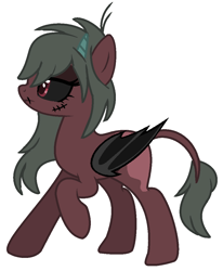 Size: 884x1074 | Tagged: safe, artist:klewgcg, artist:venomous-cookietwt, base used, oc, oc only, oc:hex (demon), species:demon pony, species:pony, bat wings, black sclera, colored sclera, demon, eyeshadow, female, horns, makeup, mare, raised hoof, scar, show accurate, simple background, solo, stitches, white background, wings