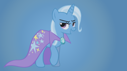 Size: 1920x1080 | Tagged: safe, artist:shelmo69, character:trixie, species:pony, species:unicorn, episode:boast busters, g4, my little pony: friendship is magic, blue background, cape, clothing, female, gradient background, mare, photoshop, solo, trixie's cape, wallpaper, was there ever any doubt?