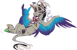 Size: 1230x801 | Tagged: safe, artist:eqq_scremble, character:discord, species:pegasus, species:pony, beard, bendy straw, colored hooves, colored wings, crossed legs, cup, devil horn (gesture), drinking straw, eye bag, facial hair, floating eyebrows, leonine tail, male, meta, ponified, pony discord, silly straw, simple background, sipping, solo, stallion, teacup, tired eyes, white background, wing hands