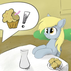 Size: 1658x1656 | Tagged: safe, artist:d.w.h.cn, character:derpy hooves, baked bads, dialogue, food, muffin, scrunchy face, speech bubble, table, worm