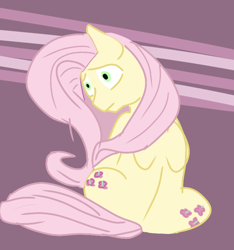 Size: 644x687 | Tagged: safe, artist:shehaveboththings, character:fluttershy, species:pegasus, species:pony, both cutie marks, cute, female, folded wings, head turn, looking back, mare, rear view, sad, sitting, solo, wings