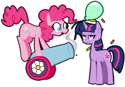 Size: 2000x1400 | Tagged: safe, artist:provolonepone, character:pinkie pie, character:twilight sparkle, character:twilight sparkle (unicorn), species:earth pony, species:pony, species:unicorn, balloon, duo, female, mare, party cannon, simple background, transparent background, twilight is not amused, unamused